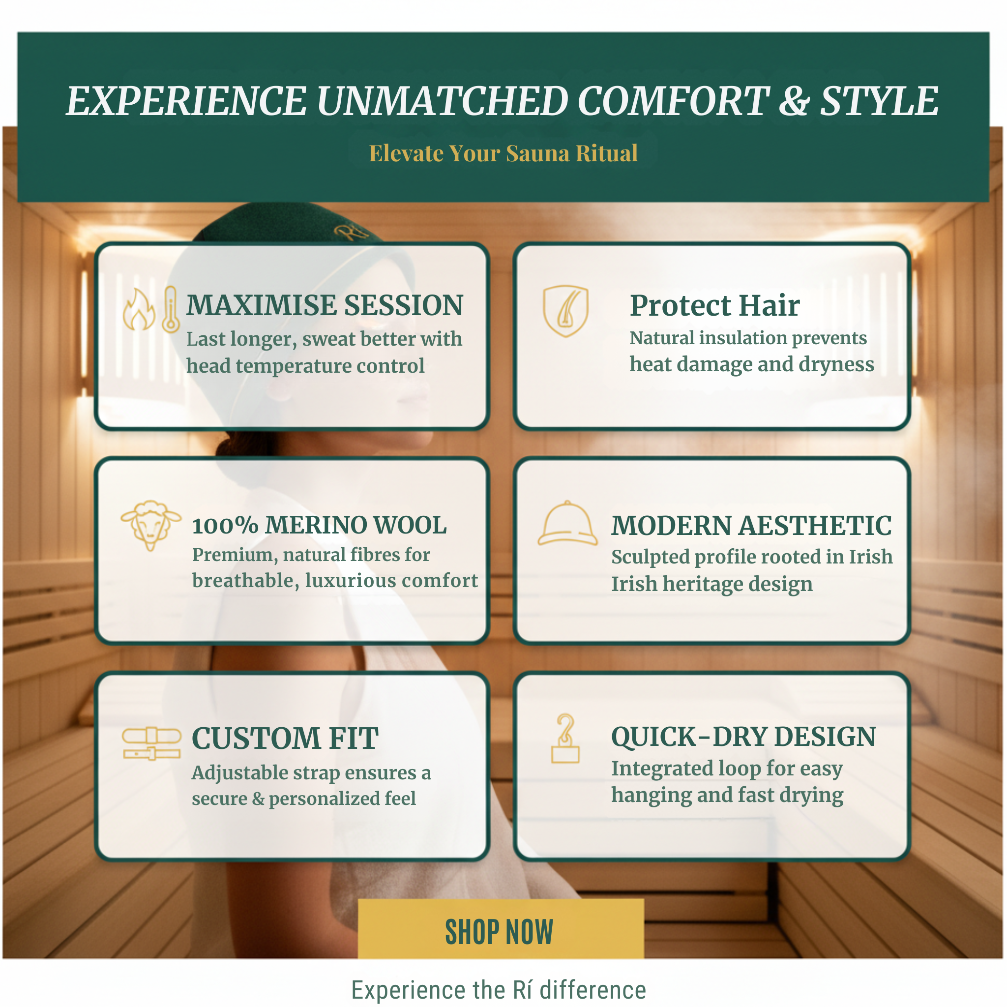 Promotional graphic for a sauna product with features and benefits highlighted.