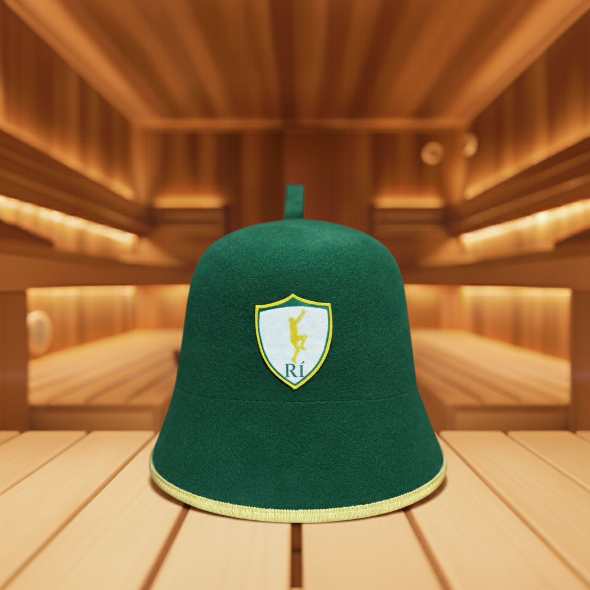 Rí Sauna Crown - premium merino wool sauna hat in deep green with gold accents